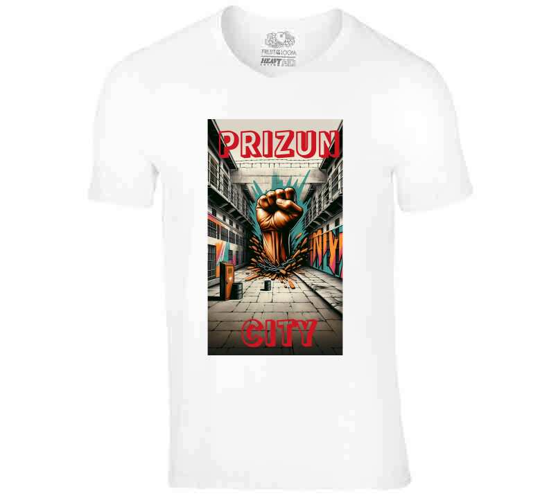 Create a prison background with a fist busting through the middle, write Rahway in graffiti  T Shirt