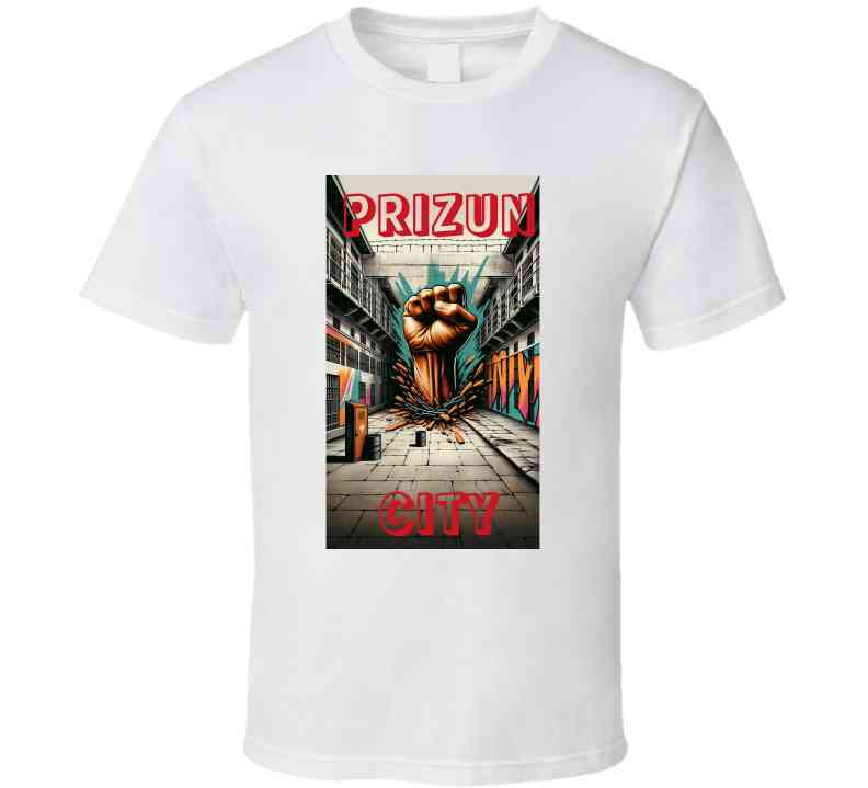 Create a prison background with a fist busting through the middle, write Rahway in graffiti  T Shirt