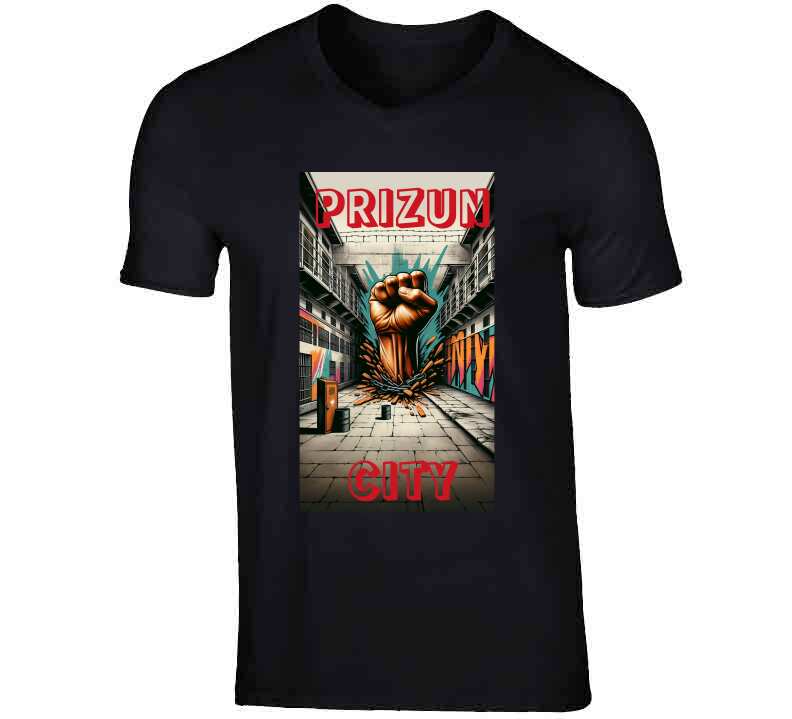 Create a prison background with a fist busting through the middle, write Rahway in graffiti  T Shirt