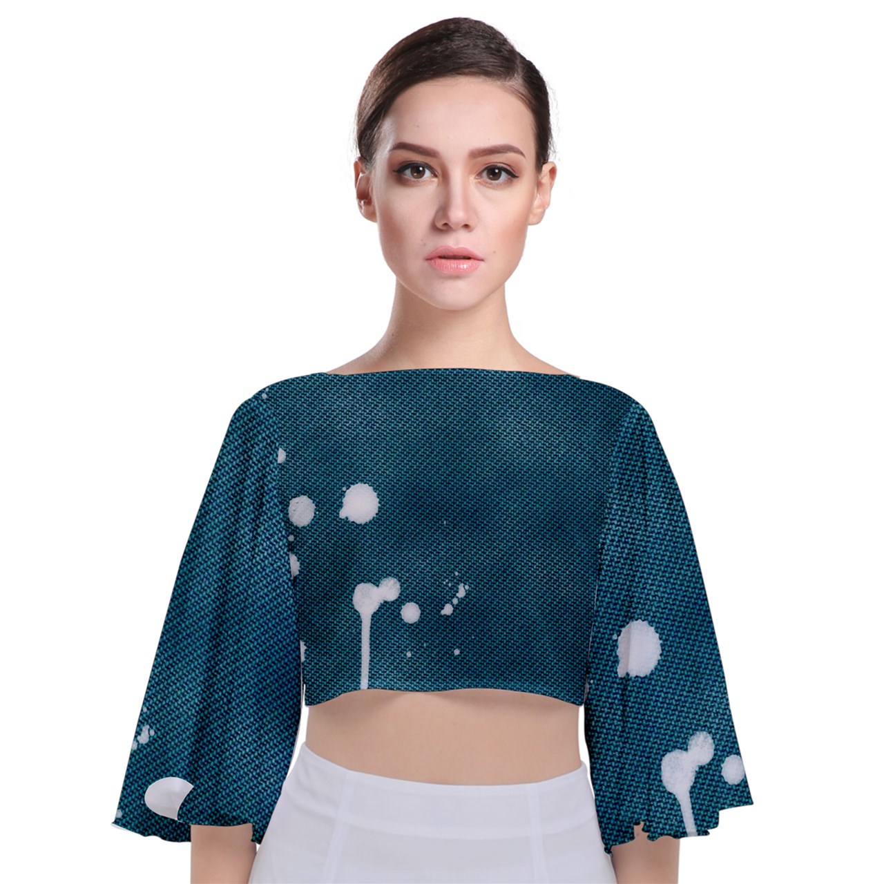 THCNJ DENIM SPLASH Tie Back Butterfly Sleeve Chiffon Top