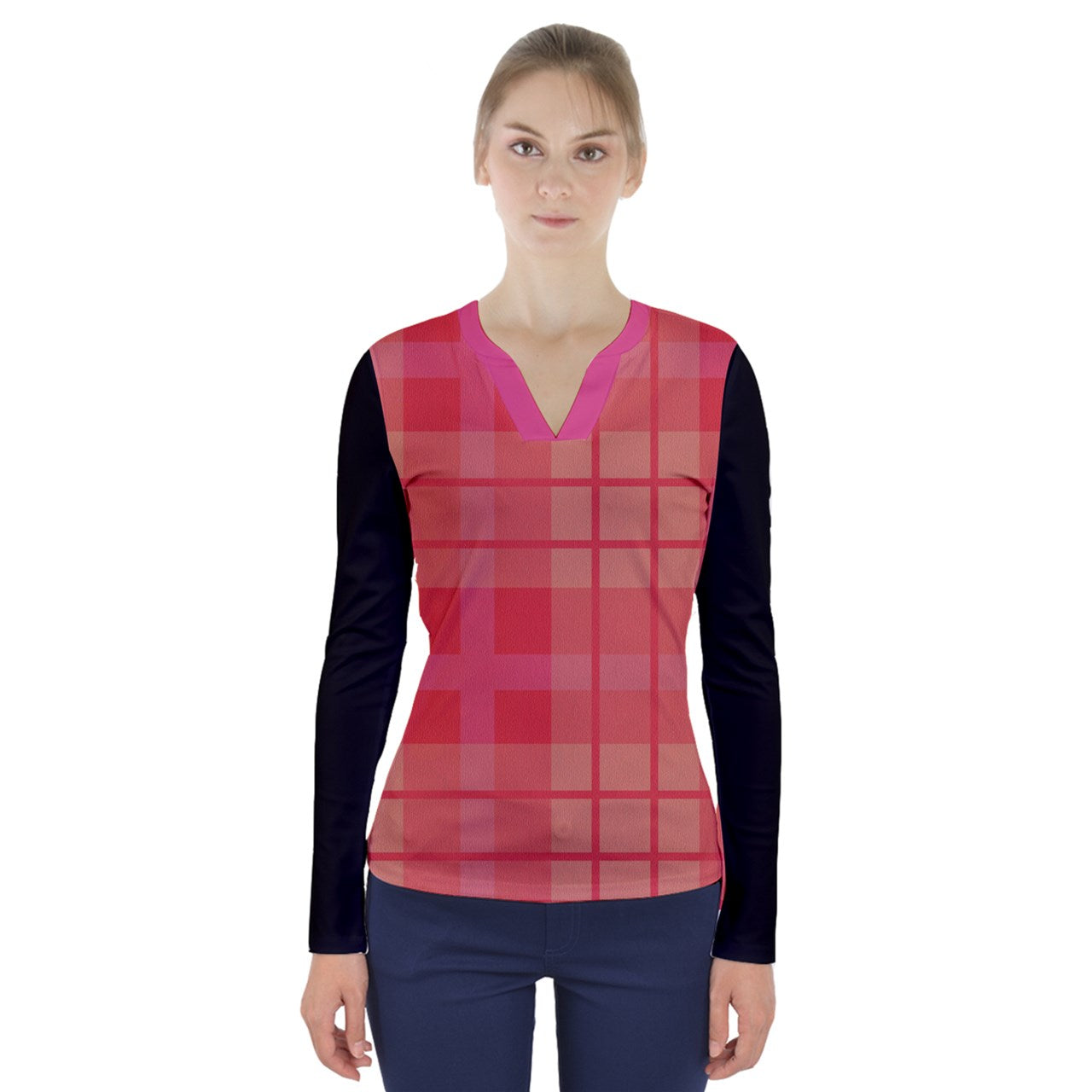 PLAID PINKY V-Neck Long Sleeve Top