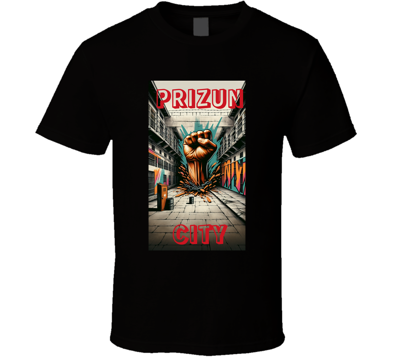 Create a prison background with a fist busting through the middle, write Rahway in graffiti  T Shirt