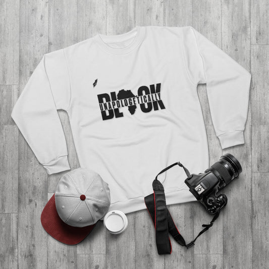 UNAPOLOGETICALLY BLACK (White) AOP Unisex Sweatshirt