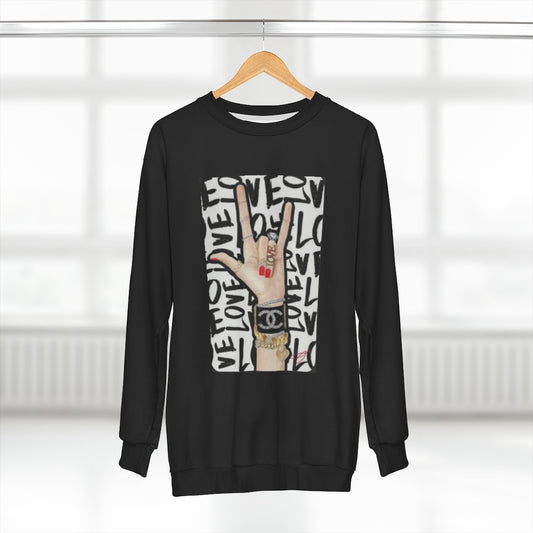 PEACE,LOVE AND ROCK (BLACK)  ..  AOP Unisex Sweatshirt