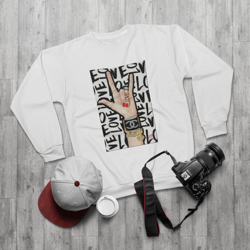 PEACE,LOVE AND ROCK (WHITE)  ..  AOP Unisex Sweatshirt