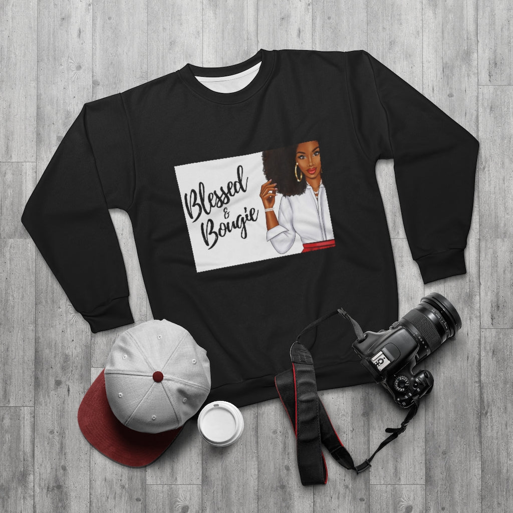 BLESSED & BOUGIE.. (BLACK)  ..  AOP Unisex Sweatshirt