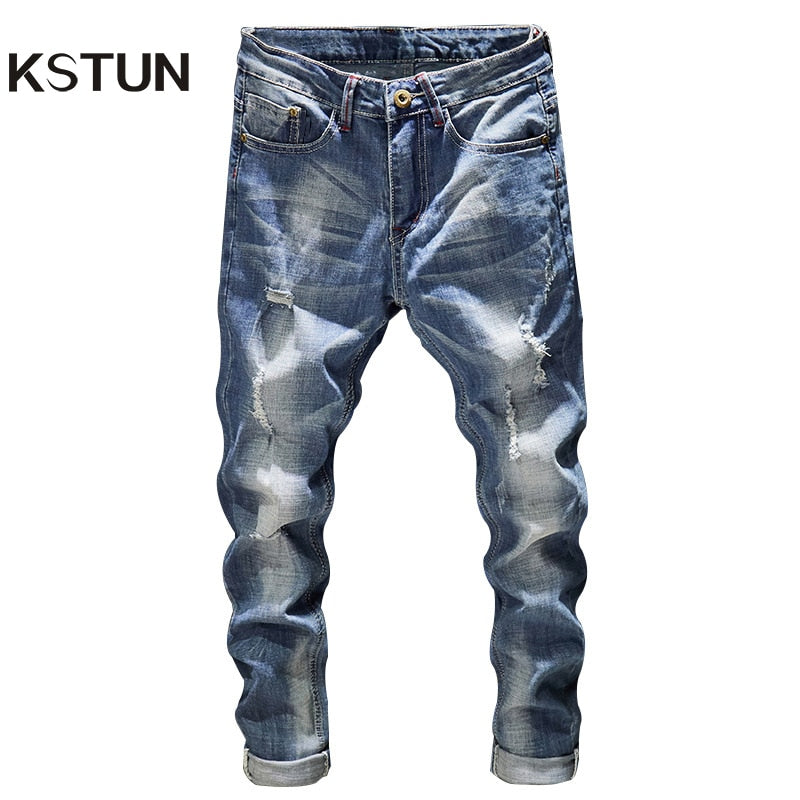 THEHIGHWAYCONNECTION Ripped Jeans/ Men (Slim Fit) Light Blue Fashion Streetwear/ Frayed Hip Hop Distressed Casual Denim Jeans