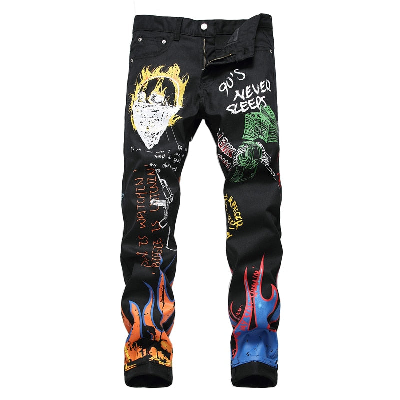 THC/ Sokotoo Men's Fashion Letter flame Black PRINT JEANS