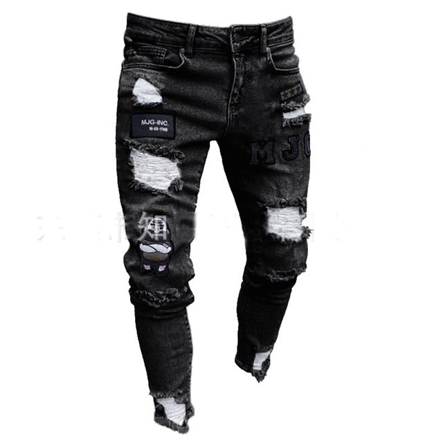 THC Mens Stretchy Ripped Skinny Biker Embroidery Print Jeans