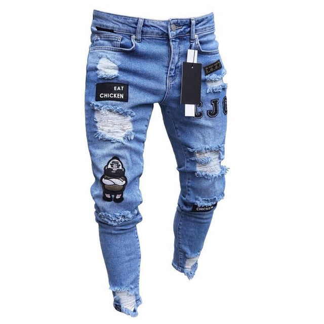 THC Mens Stretchy Ripped Skinny Biker Embroidery Print Jeans