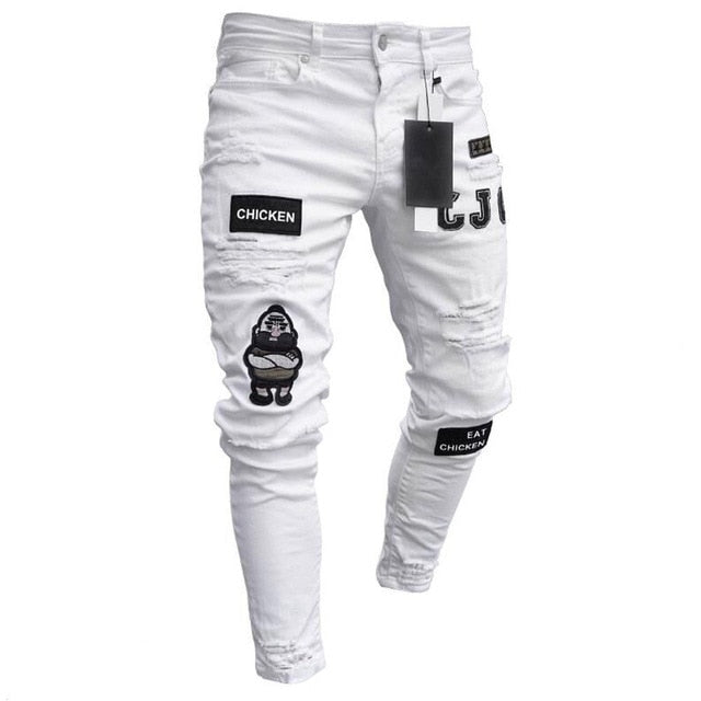 THC Mens Stretchy Ripped Skinny Biker Embroidery Print Jeans