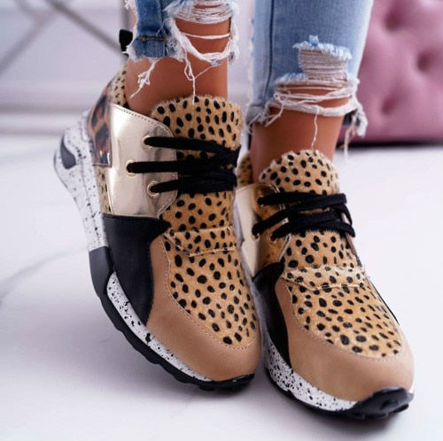 THEHIGHWAYCONNECTION LADY Leopard Print Faux Fur Sneakers Lace-up Platform Sport KICKS