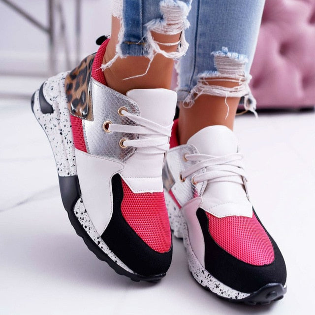 THEHIGHWAYCONNECTION LADY Leopard Print Faux Fur Sneakers Lace-up Platform Sport KICKS