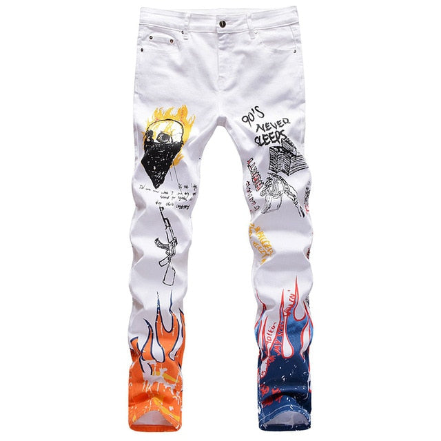 THC/ Sokotoo Men's Fashion Letter flame Black PRINT JEANS