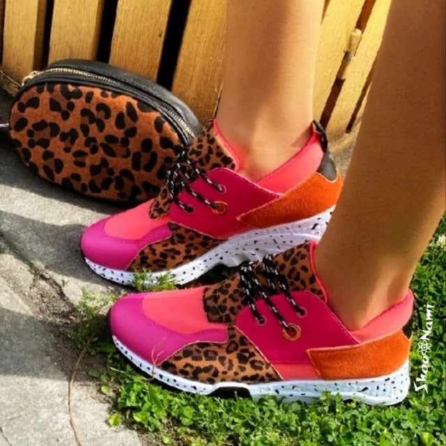 THEHIGHWAYCONNECTION LADY Leopard Print Faux Fur Sneakers Lace-up Platform Sport KICKS