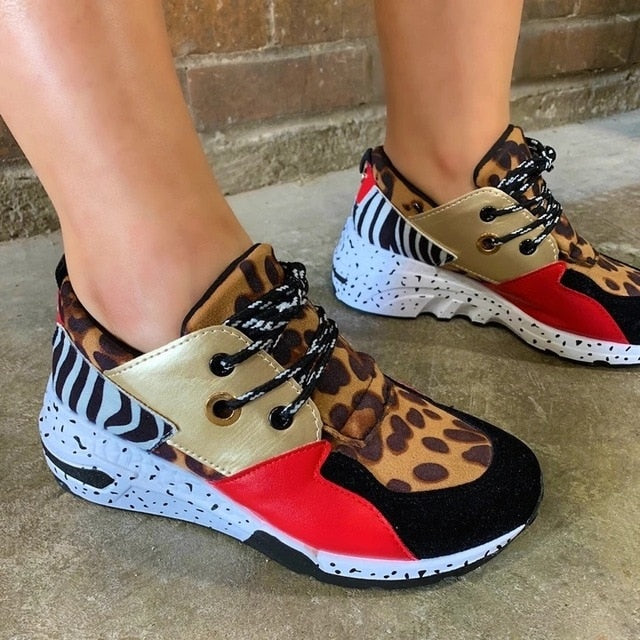 THEHIGHWAYCONNECTION LADY Leopard Print Faux Fur Sneakers Lace-up Platform Sport KICKS