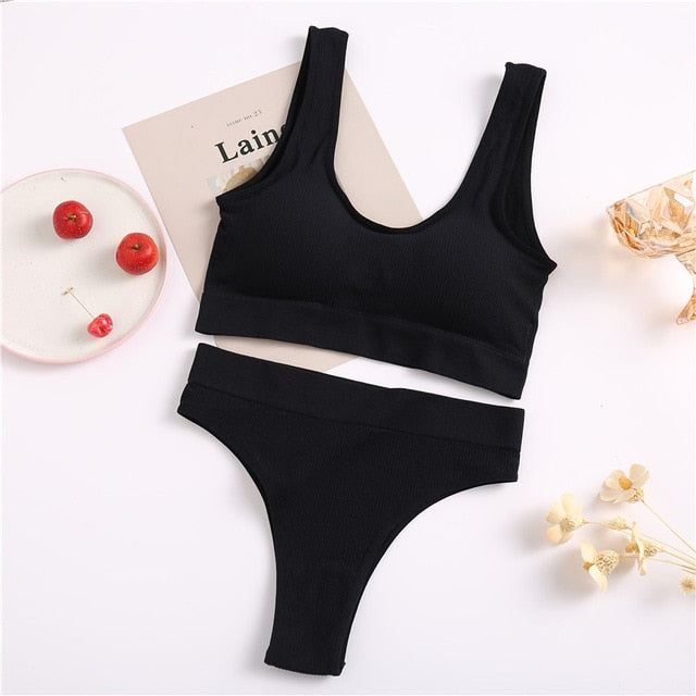 THCNJ FINETOO Seamless Tops Set High Waist Panties  / Wireless Underwear Suit