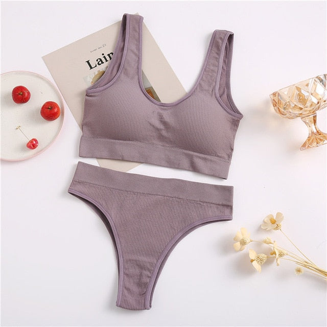 THCNJ FINETOO Seamless Tops Set High Waist Panties  / Wireless Underwear Suit