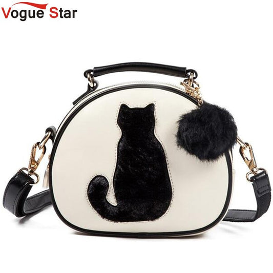 Vogue Star Cartoon Women Leather Handbag Cat Pattern Fur Ball Design Tote Women Bag