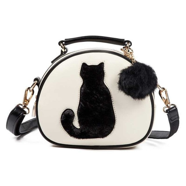 Vogue Star Cartoon Women Leather Handbag Cat Pattern Fur Ball Design Tote Women Bag