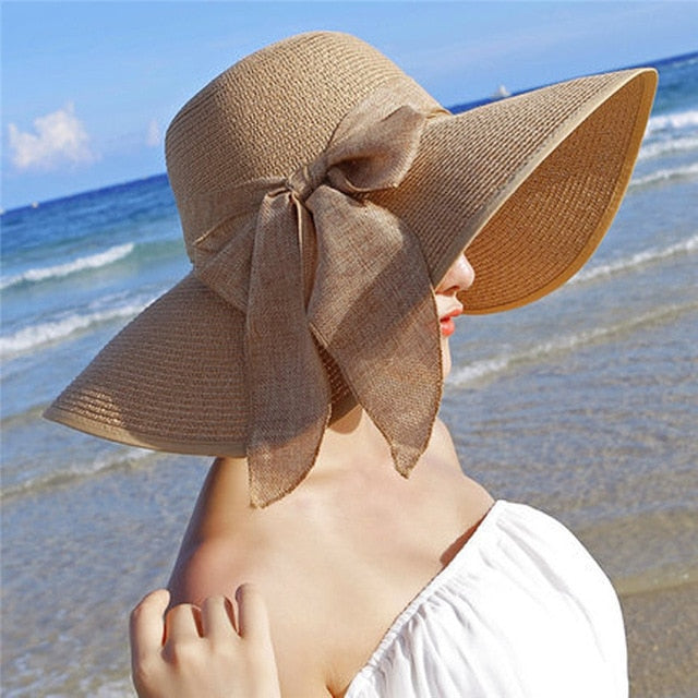 Summer Large Brim Straw Hat Floppy Wide Brim Sun Cap Bowknot Beach Foldable Hat