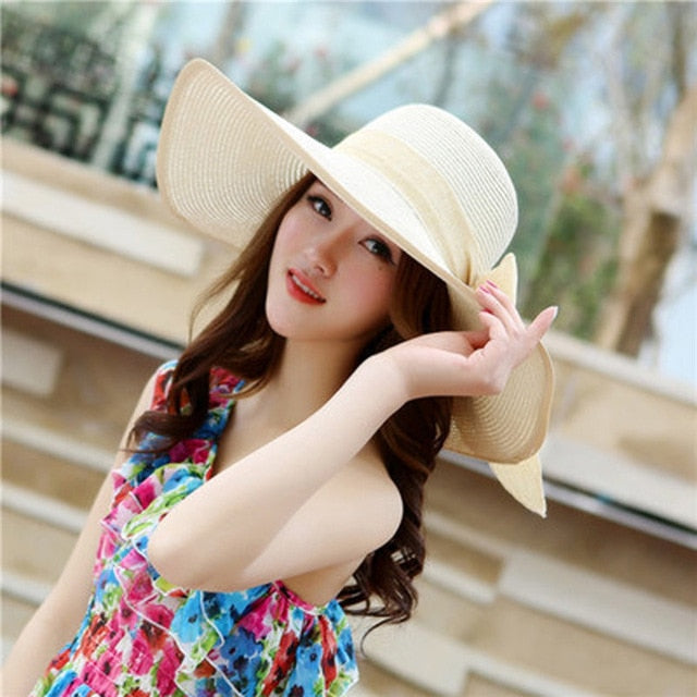 Summer Large Brim Straw Hat Floppy Wide Brim Sun Cap Bowknot Beach Foldable Hat