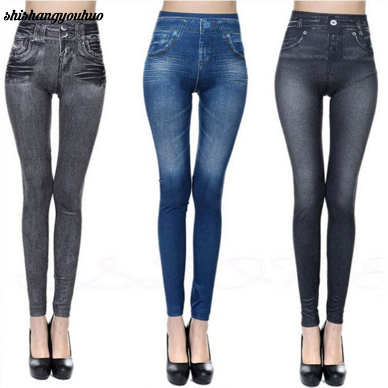 Fashion Slim Women Leggings Faux Denim Jeans Leggings Sexy Long Pocket Printing Summer Leggings Casual Pencil Pants