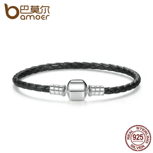 THC Popular 925 Sterling Silver Genuine Leather Bracelet with Snake Chain (Unisex)